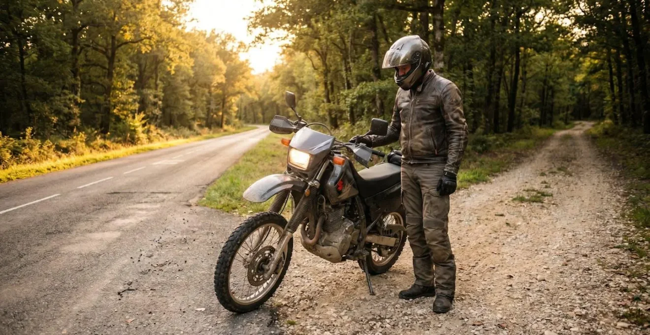 Motard équipé sur une moto trail à la croisée d'une route asphaltée et d'un chemin forestier