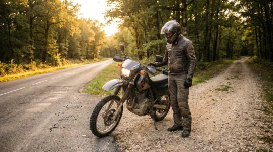 Motard équipé sur une moto trail à la croisée d'une route asphaltée et d'un chemin forestier