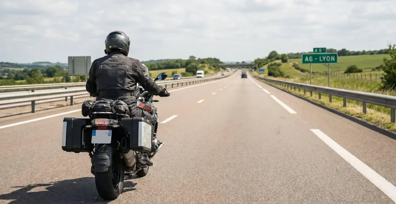 Conducteur sur moto routière sur autoroute française, vue arrière, équipement intégral