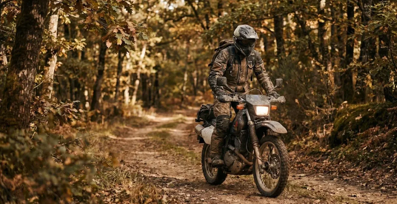 Moto trail sur chemin de terre, conducteur en équipement aventure, forêt en arrière-plan